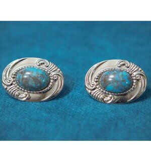 BEAUTIFUL VINTAGE Oval Polished Silver Tone Metal Clip On Earrings w Tur…